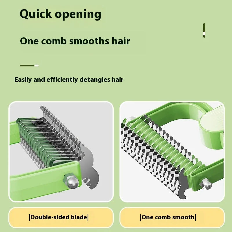 Green and grey dog unknotting combs in small and large sizes with stainless steel teeth on a PP handle.