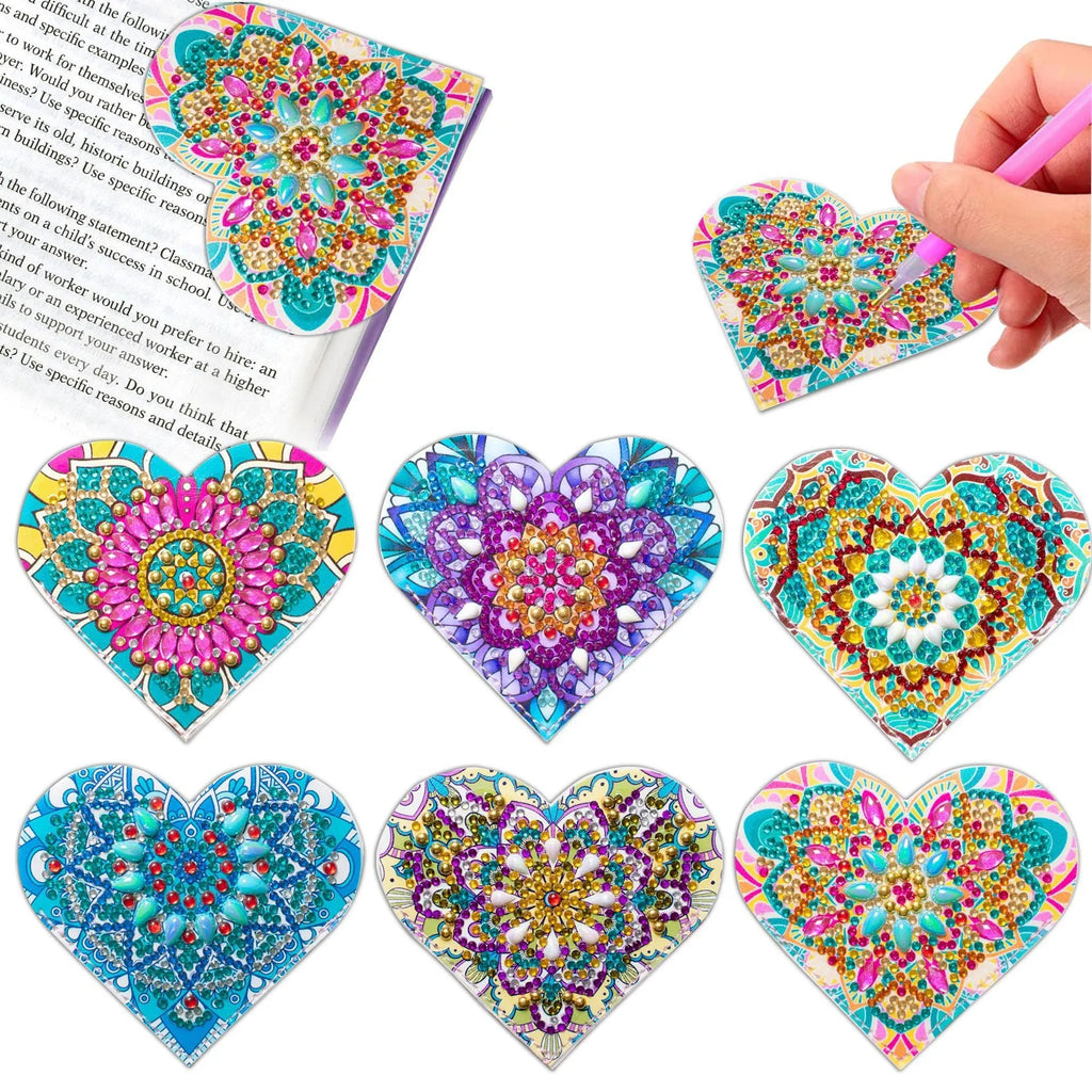 Six PU leather handmade bookmarks with floral cornerite patterns and stick-on crystals for page marking