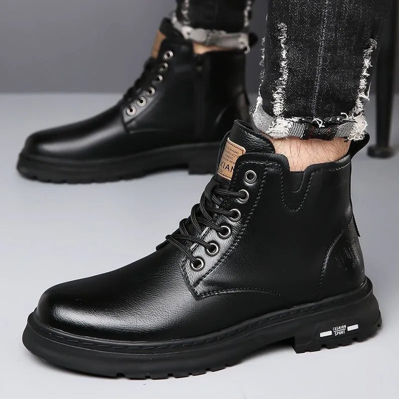 Men's black British Martin boots with thick rubber sole and front lace-up design