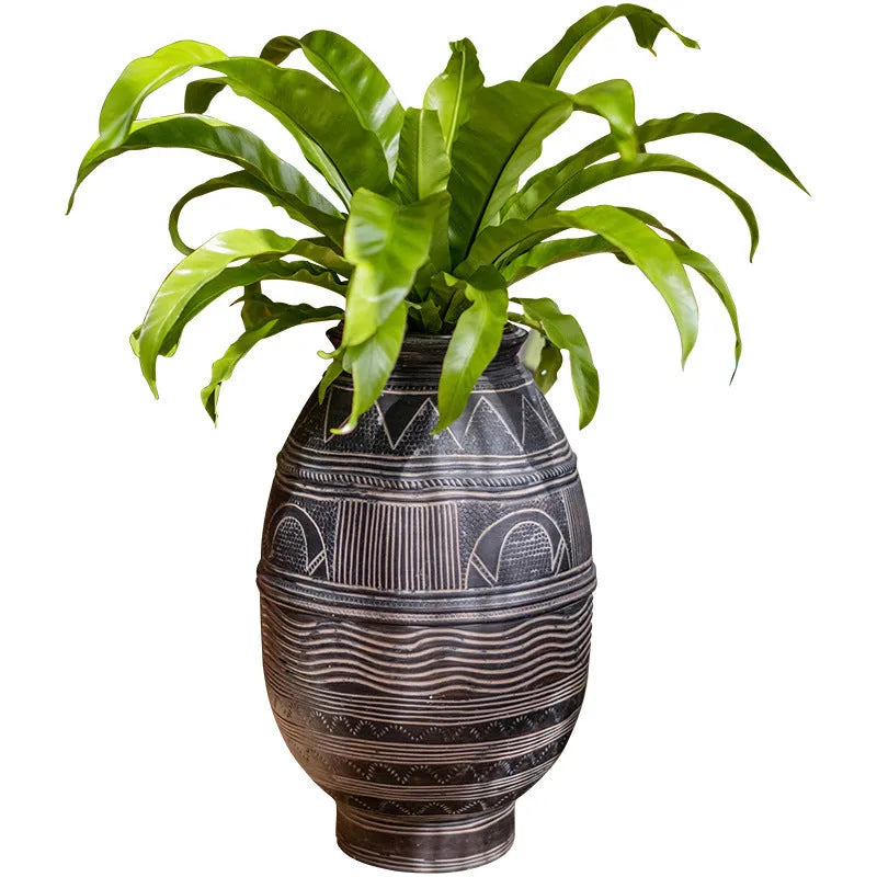 African ancient tank design cement flower pot in medium size with drainage holes