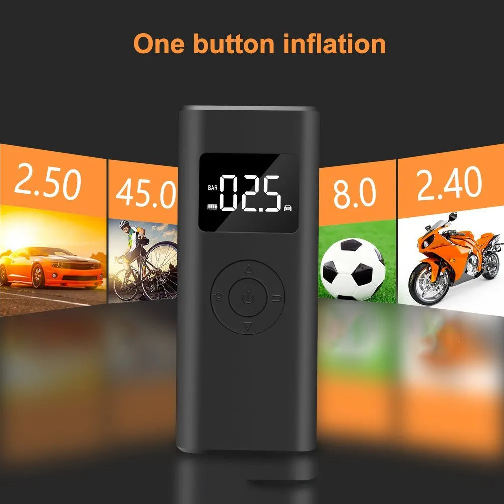 Black portable electric air pump 2500mAh wireless tyre inflator with auto stop, emergency light and TYPE-C charging, 155x64x40mm