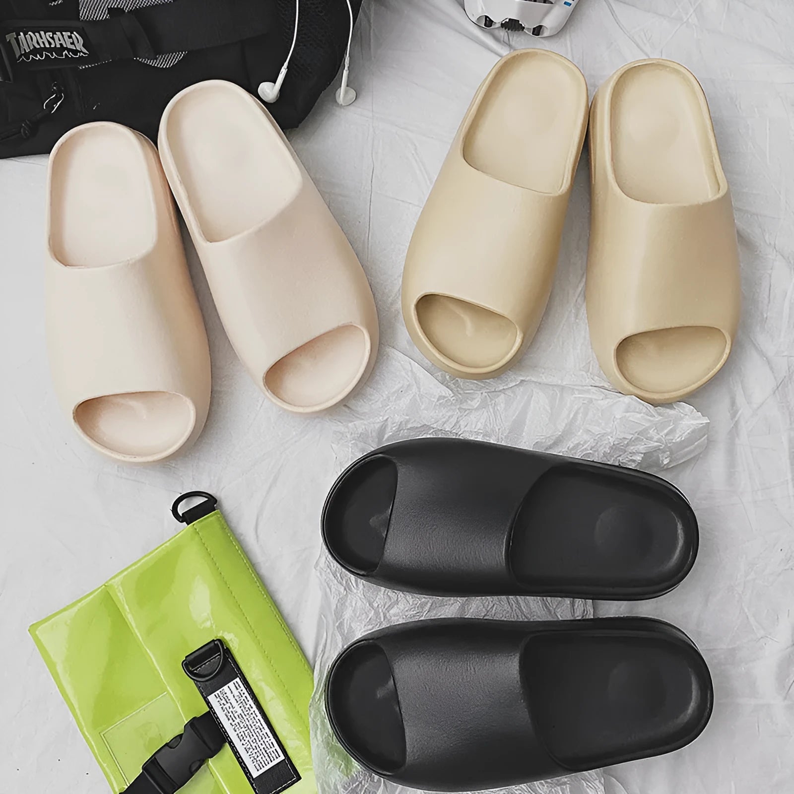 Women's thick-sole beach slippers in beige colour showing EVA injection-moulded construction
