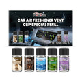 Car air freshener refill set showing five 10ml bottles with cologne, ocean, vanilla, lavender, and citrus scents