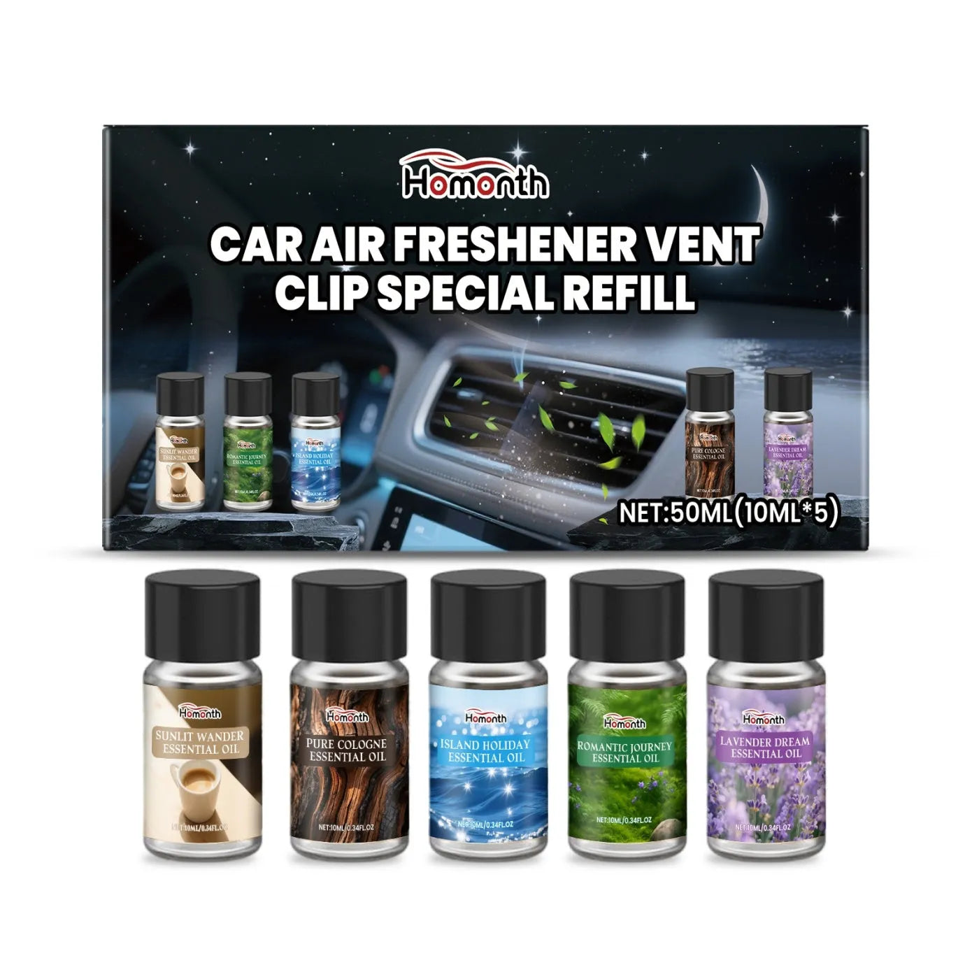 Car air freshener refill set showing five 10ml bottles with cologne, ocean, vanilla, lavender, and citrus scents