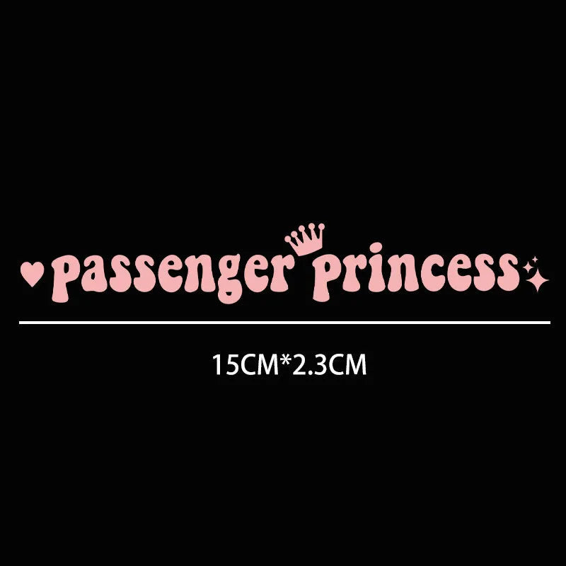 Passenger Princess text car sticker for rearview mirror in black, white, pink, or laser colour.