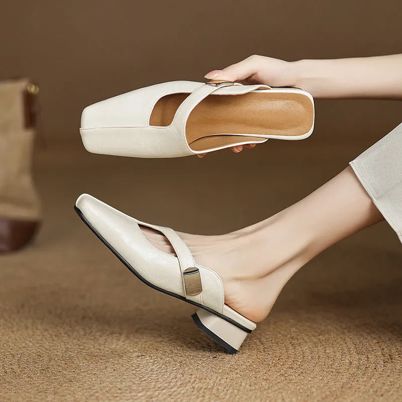 Square head outdoor slippers with low heel in black colour showing artificial PU upper and rubber sole