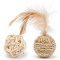 Two cat toys: faux feather ball measuring 4x9cm and hollow rattan ball with 3.5cm diameter