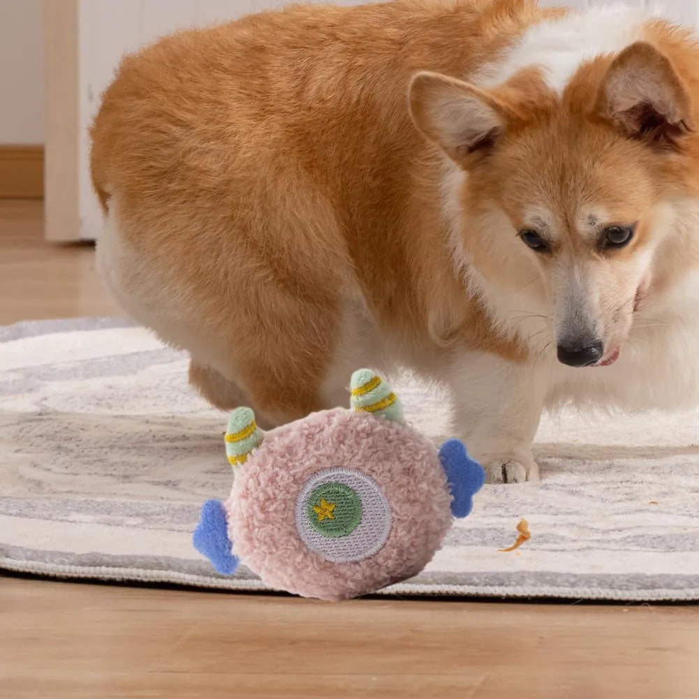 Cartoon-shaped plush dog toy with large eyes and squeaker in grey, green, pink, white or yellow