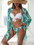 Women's three-piece bikini swimsuit with mesh split design in quick-drying polyester fabric