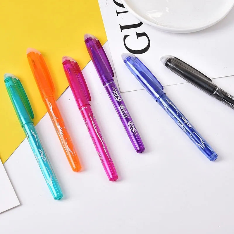 Hot erasable gel pen set with plastic shells and stainless steel nibs in 0.5mm or 0.7mm sizes, available in 12 or 8 colour packs