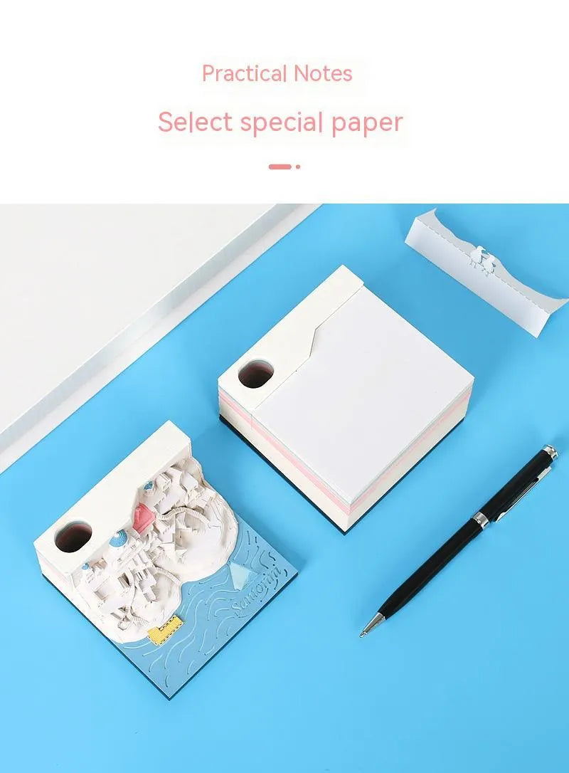 Santorini 3D paper carving building model notepad with LED lighting decoration showing beach scene construction