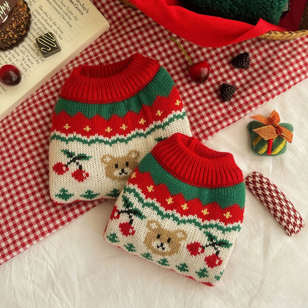 Red Christmas sweater for small dog with cherry pattern, polyester knit pet clothing