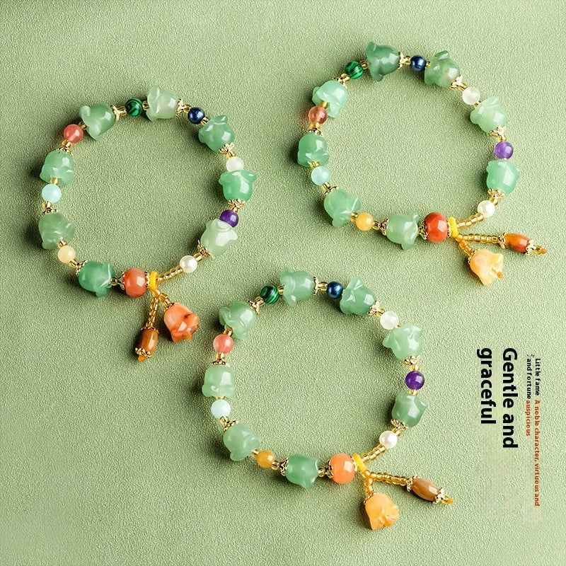 Natural Xinjiang Jinsi Jade aventurine orchid bracelet with carved orchid beads for women's wrists 14-18cm