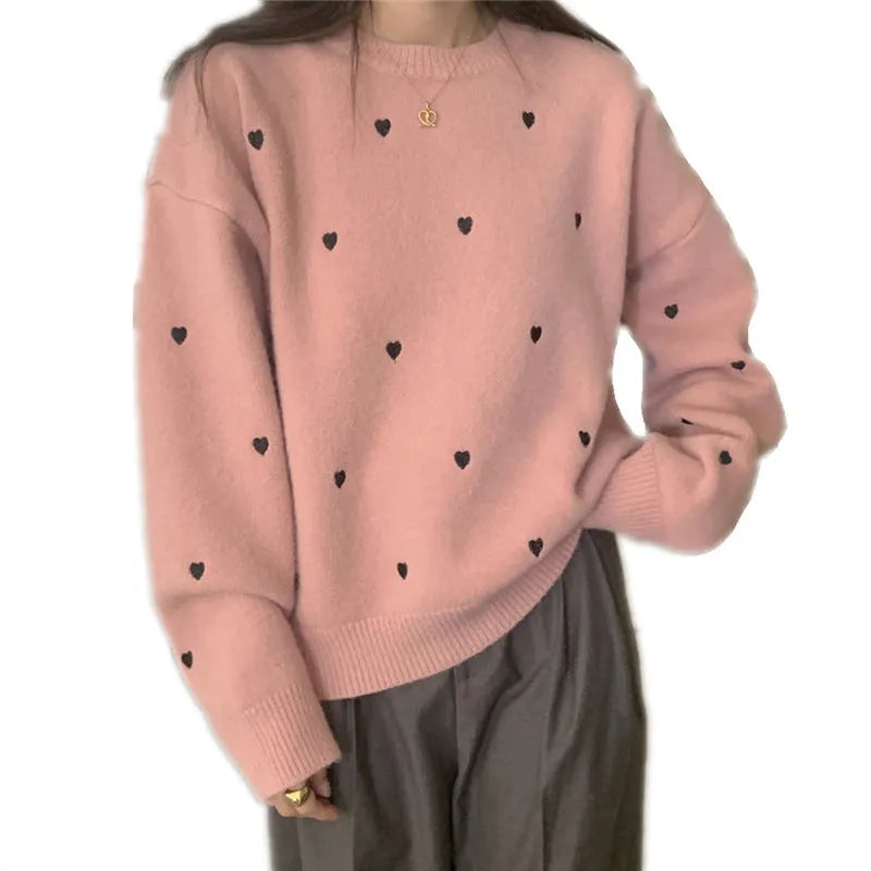 Women's acrylic pullover sweater with embroidery in milky white, loose fit for autumn and winter wear.