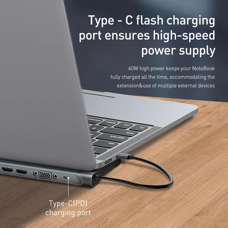 Ten-port aluminium alloy hub docking station with cooling bracket, showing HDMI, VGA, and USB ports