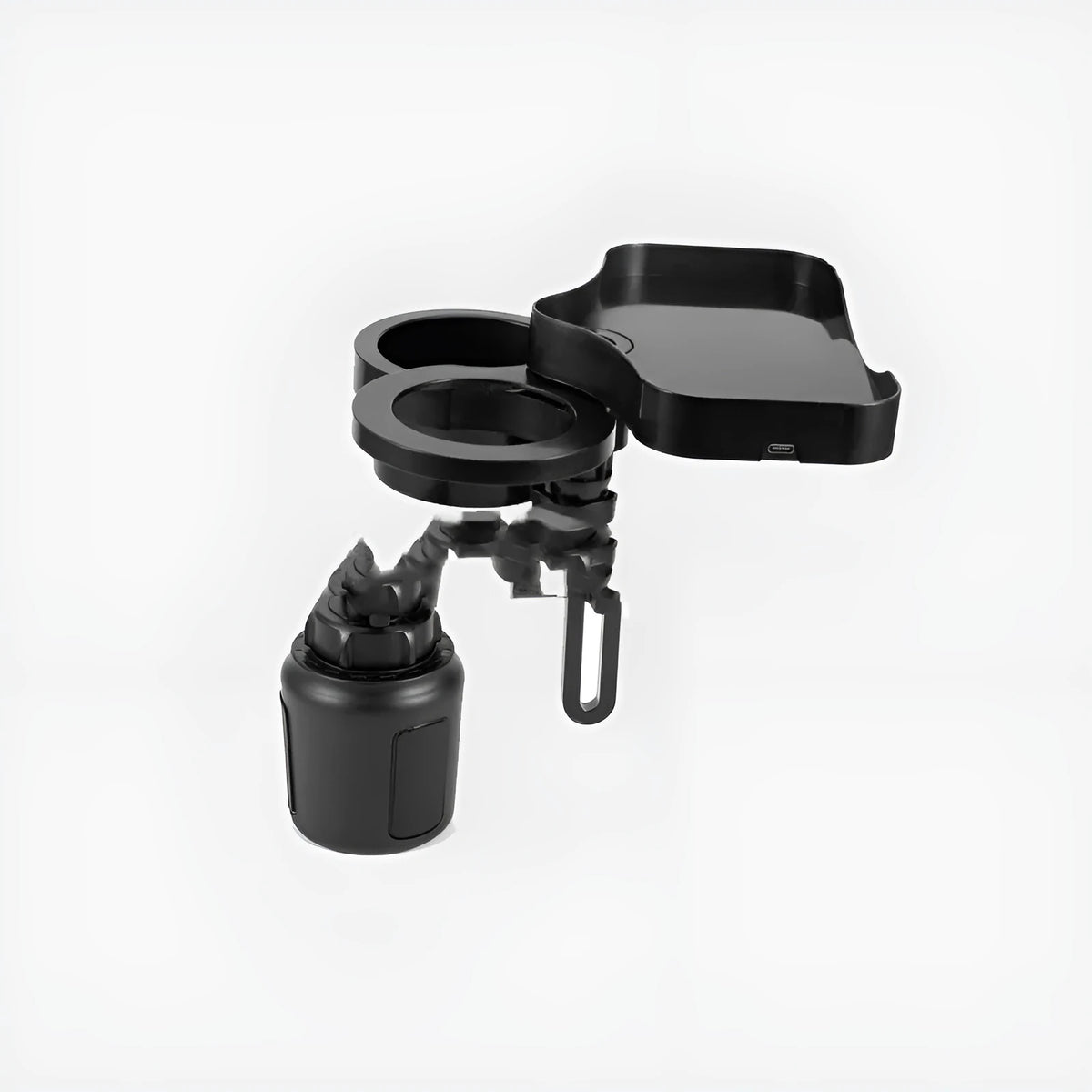 Black car cup holder with wireless charging option, ABS and polyurethane, dashboard mount