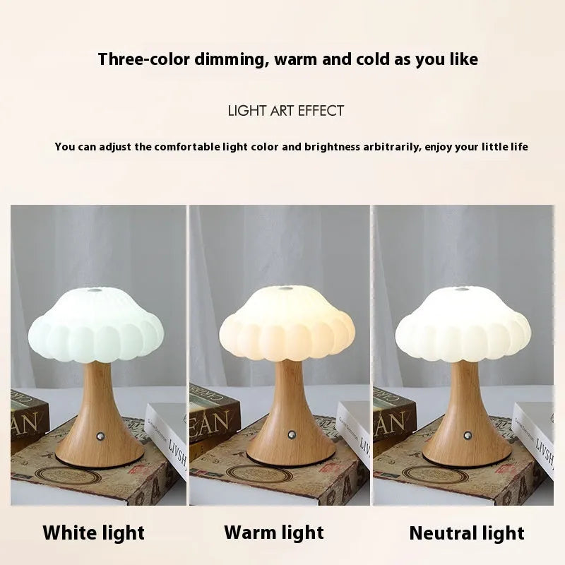 Mushroom-shaped touch night lamp in wood grain colour, 160mm diameter, for bar or cafe decoration