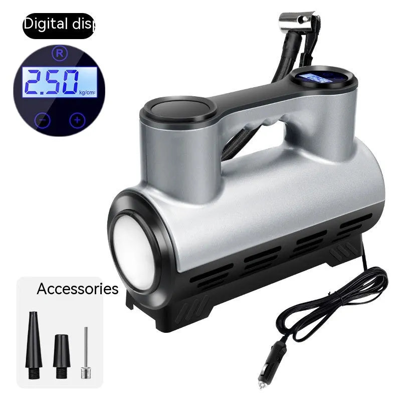 12V portable car tyre inflator with digital display, three air nozzles, and compact grey ABS body.