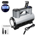 12V portable car tyre inflator with digital display, three air nozzles, and compact grey ABS body.