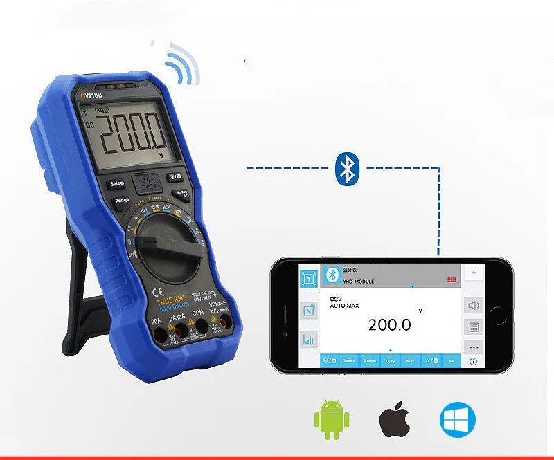 Handheld digital multimeter with LCD display, test leads, and NCV non-contact voltage sensor.