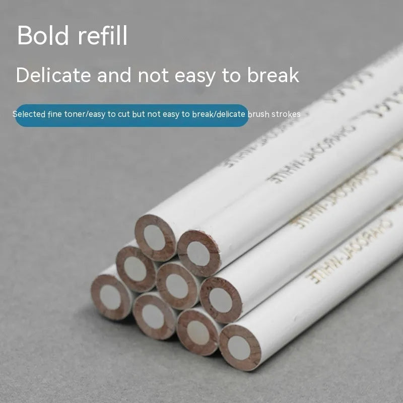 White charcoal pencil set with three wooden pencils and 144 refill leads for drawing on dark paper.