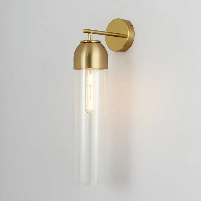 Nordic postmodern glass wall lamp in a modern living room setting, showing amber glass shade.