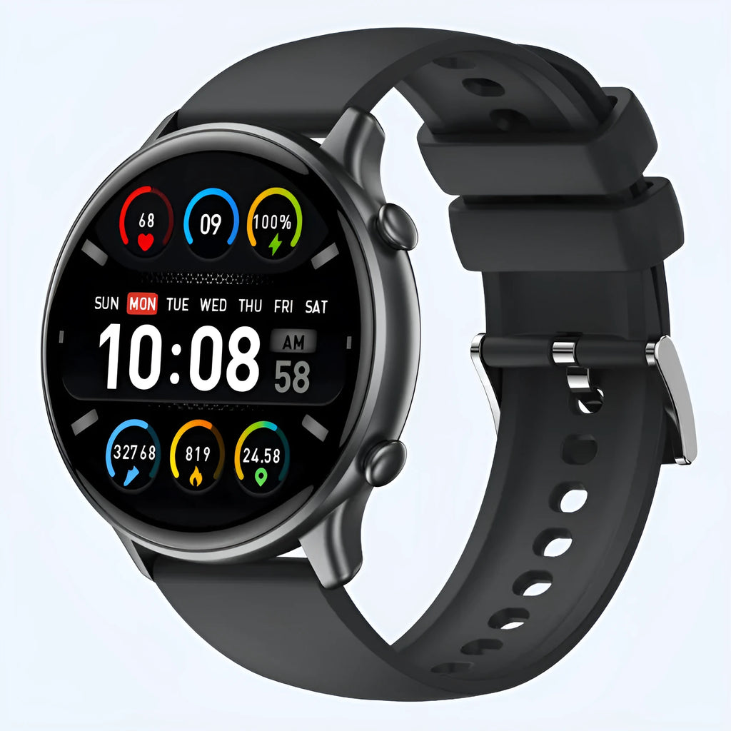 Round black smart sports watch with full touch screen and silicone strap on a wrist.