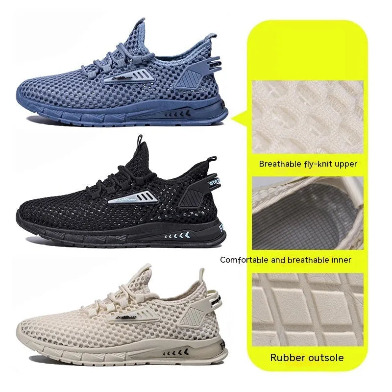 Men's beige mesh sneaker with synthetic leather upper and lace-up closure on a flat EVA sole.