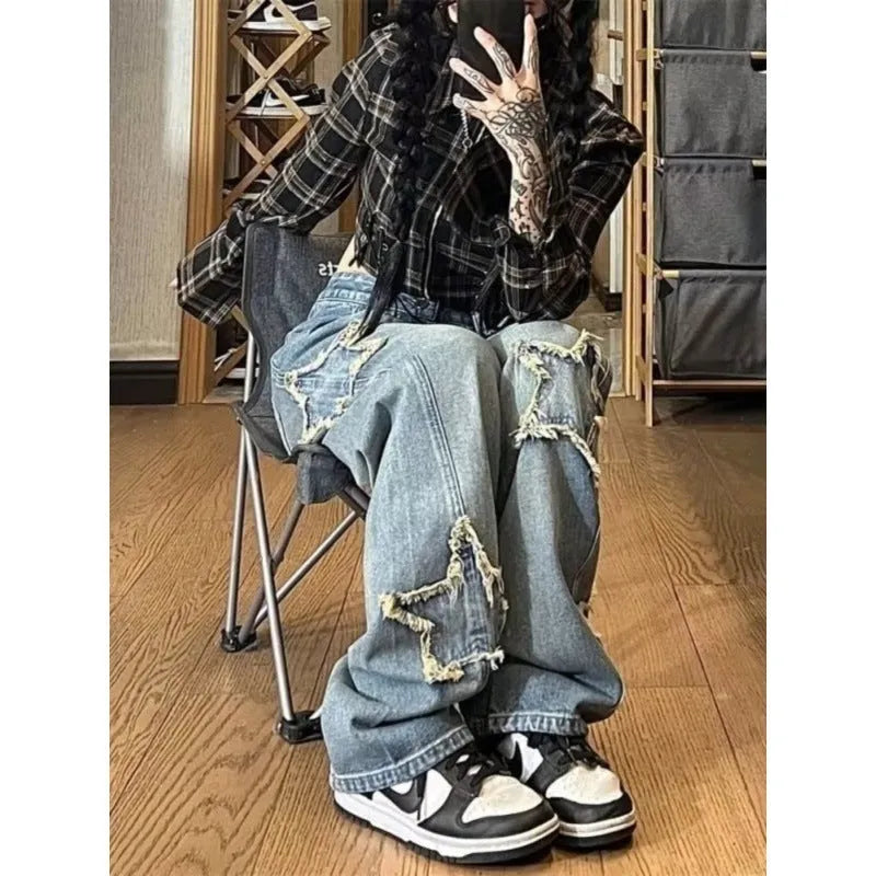 High-waist straight-leg denim trousers in blue, sizes XS to 2XL, 100% cotton composition