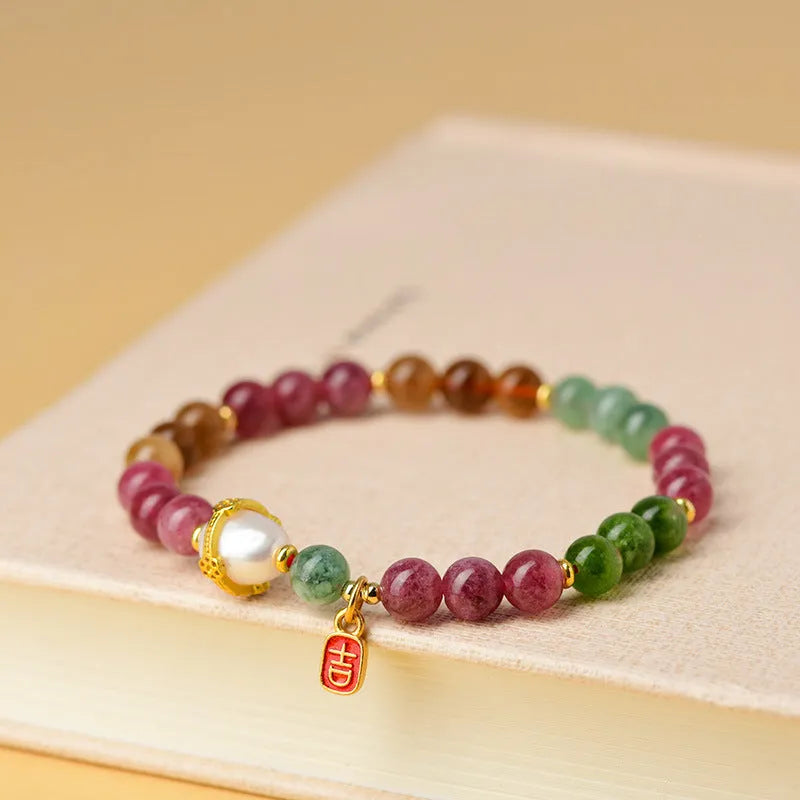 Geometric tourmaline and chalcedony crystal bracelet with 6.5mm beads