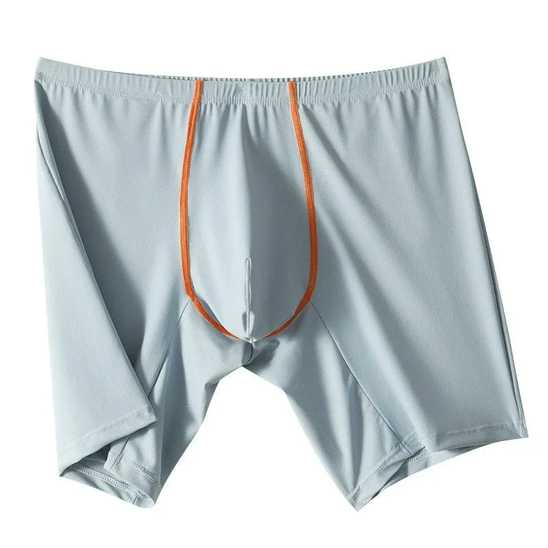Men's mid-waist lengthened boxers in black ice silk nylon fabric on a white background.
