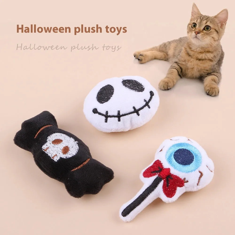 Plush cat teaser toy with candy pattern design for interactive feline play