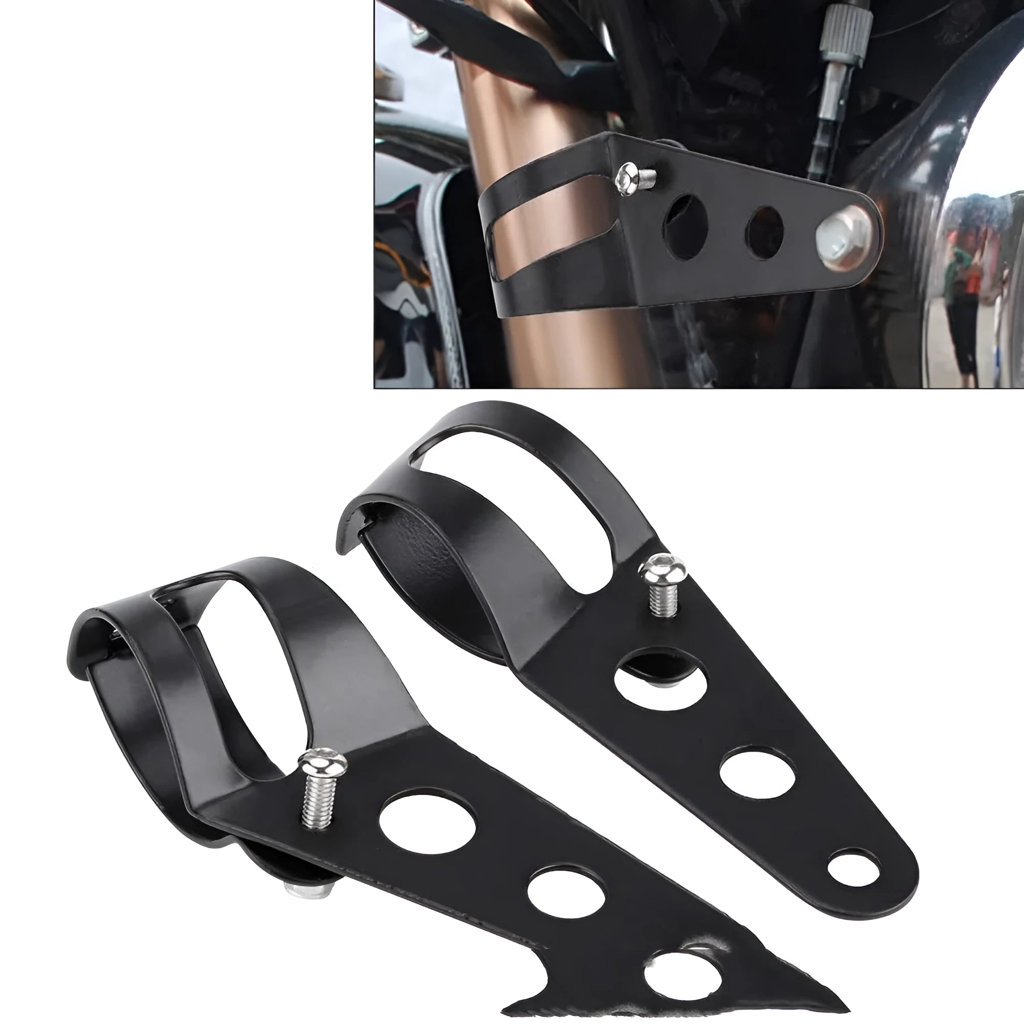 A pair of black iron motorcycle headlamp support brackets for retro modification.