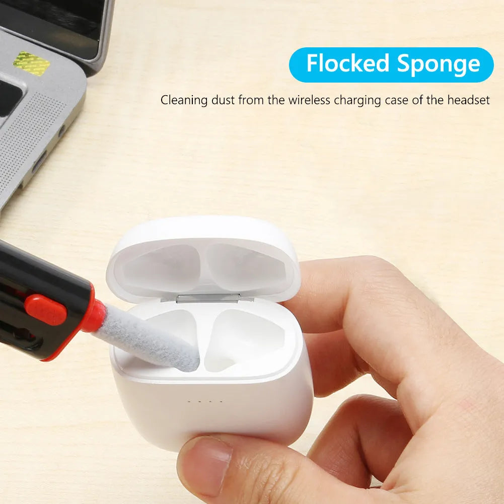 White and red cleaning pen for AirPods Pro with multiple heads including a brush and metal nib.