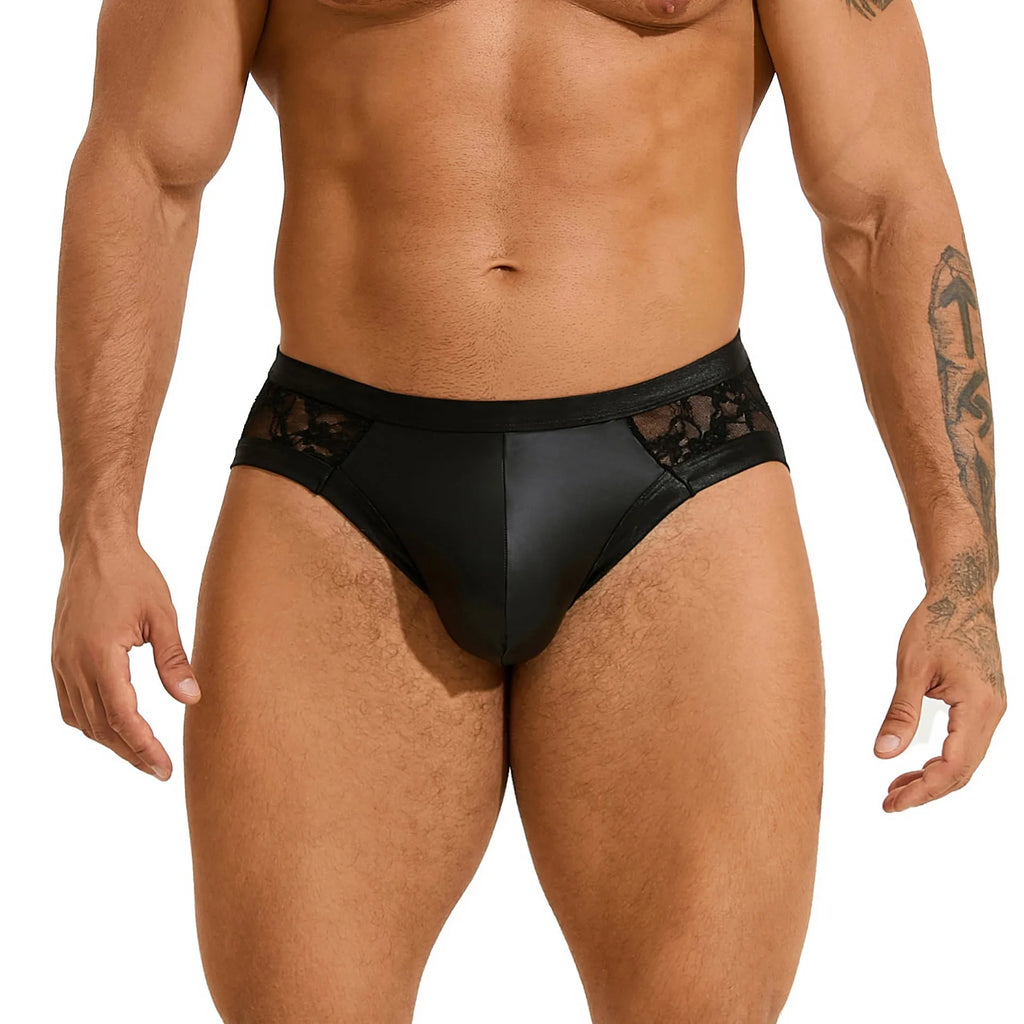 Black men's faux leather briefs with lace detailing and visible stitching.