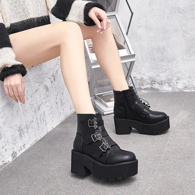 Black Harajuku punk Gothic style short boots with bat buckle detail and side zipper
