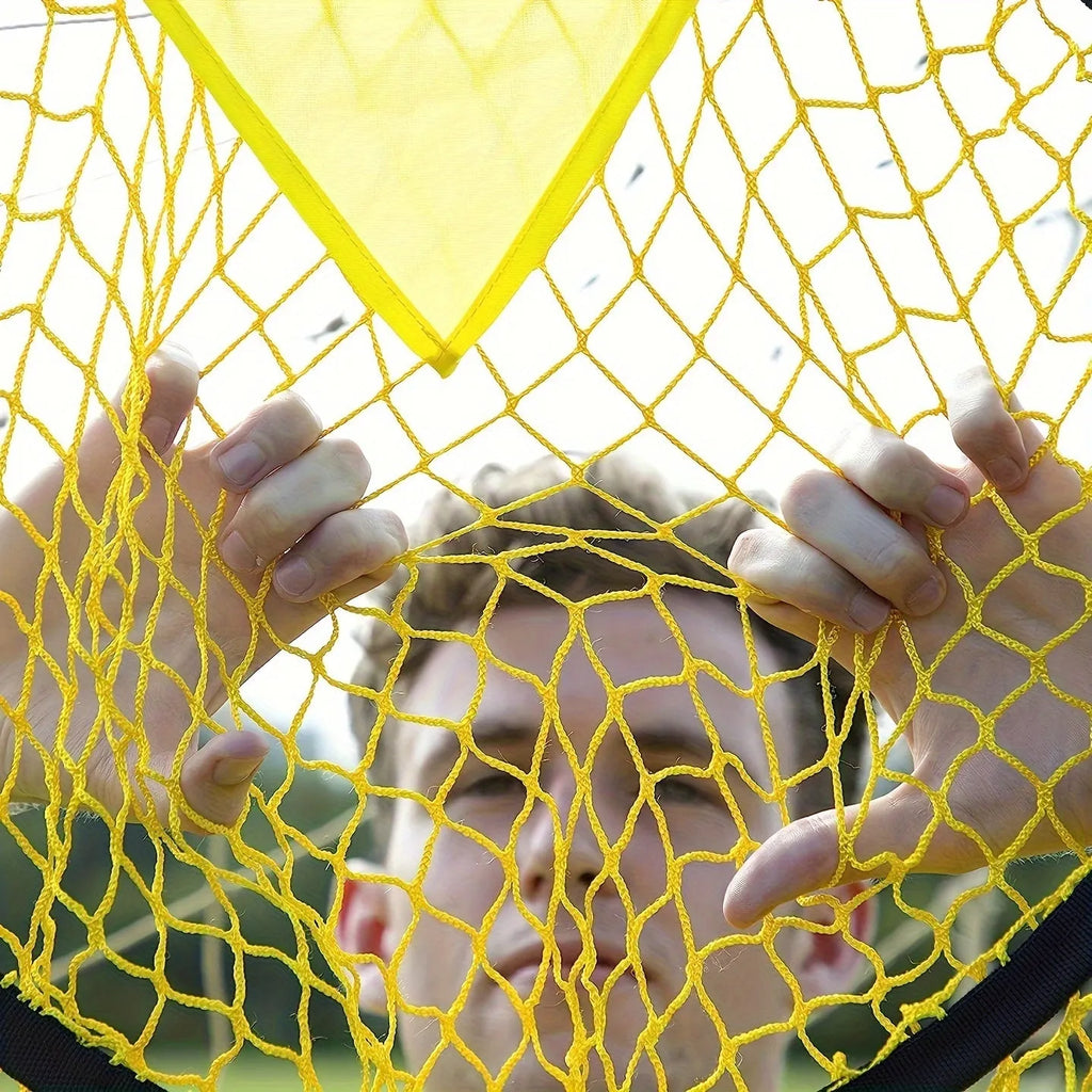 Portable aluminium frame soccer training goal net set up on grass