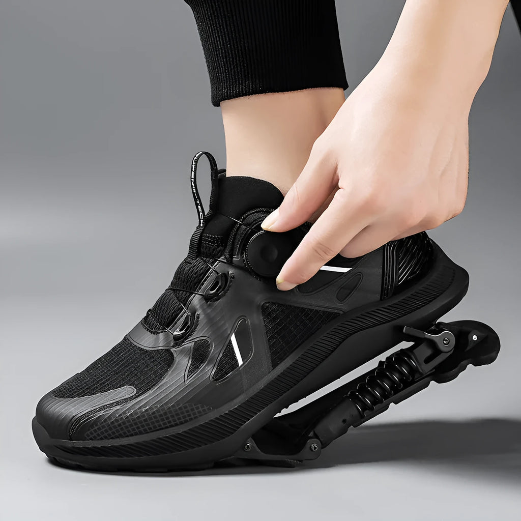 Black tech running shoes with mesh upper, leather stitching, buckle fastening, and a rubber EVA sole.