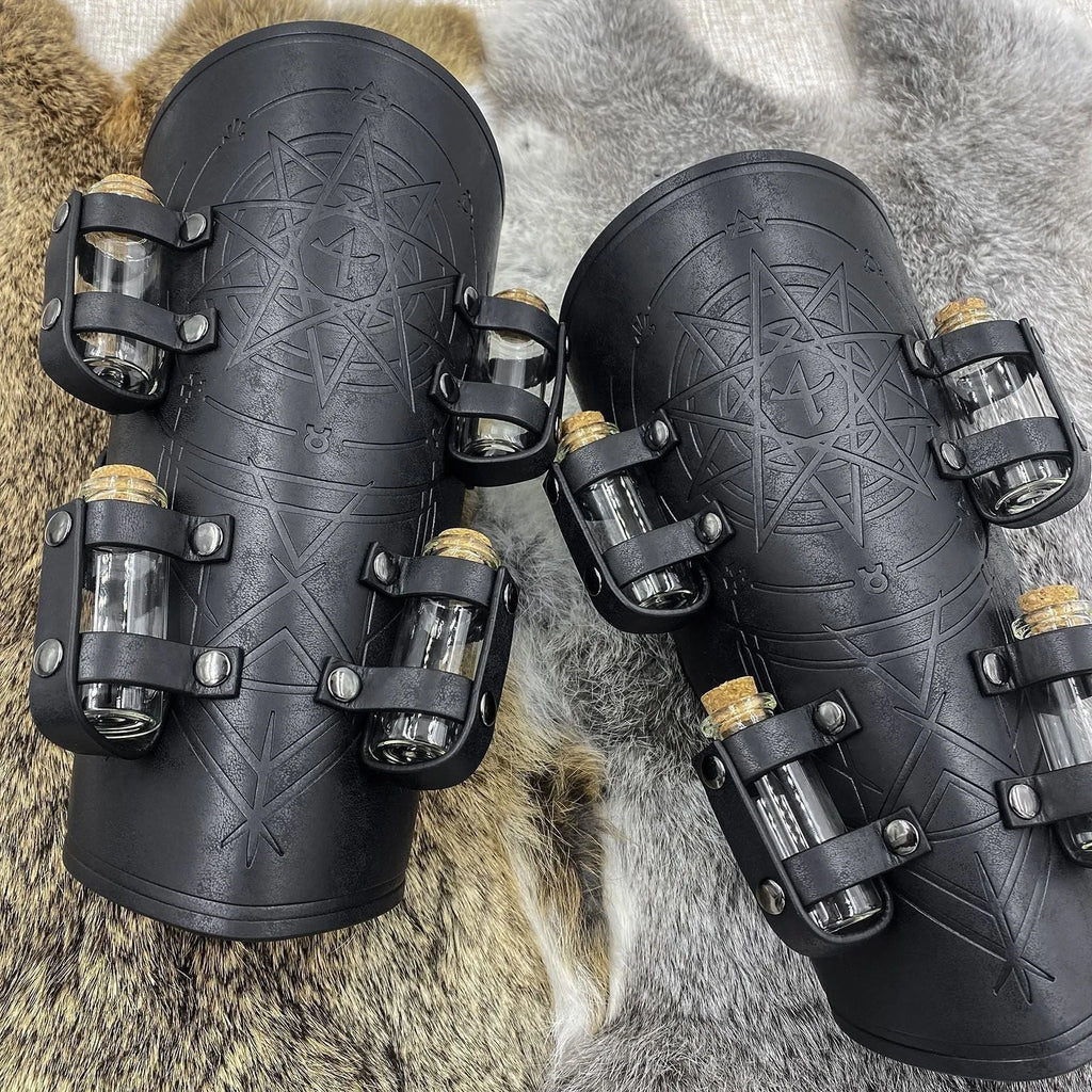 Black PU wristband with medieval alchemy bottle holder, adjustable strap, for LARP and cosplay.