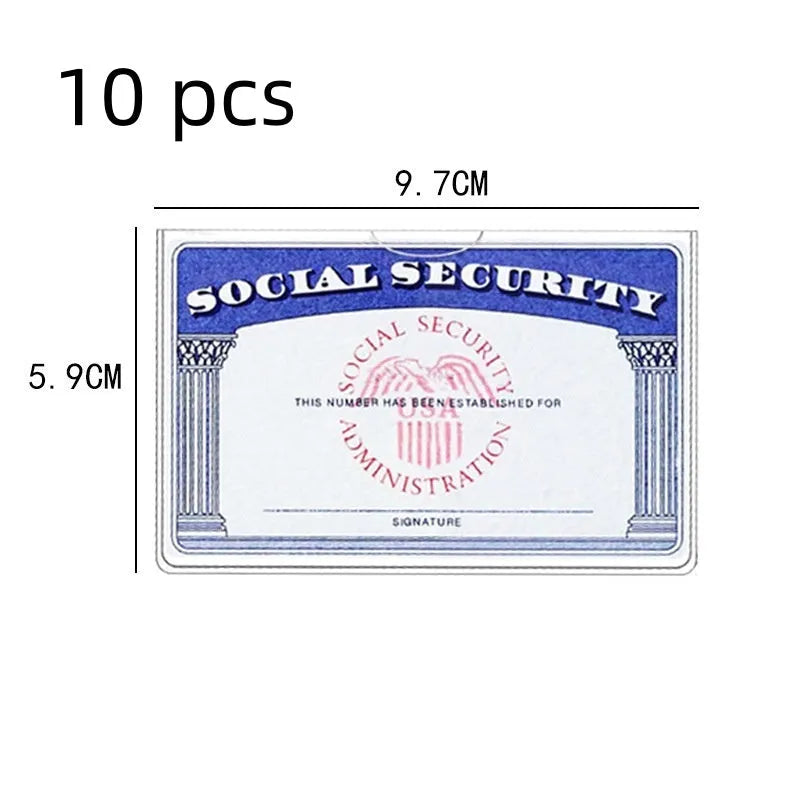 Transparent PVC social security card holder measuring 9.7cm by 5.9cm with waterproof protection