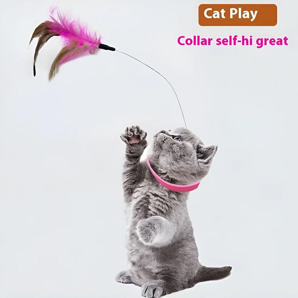 Adjustable steel wire cat collar toy with a blue plastic feather teaser and bell attached.