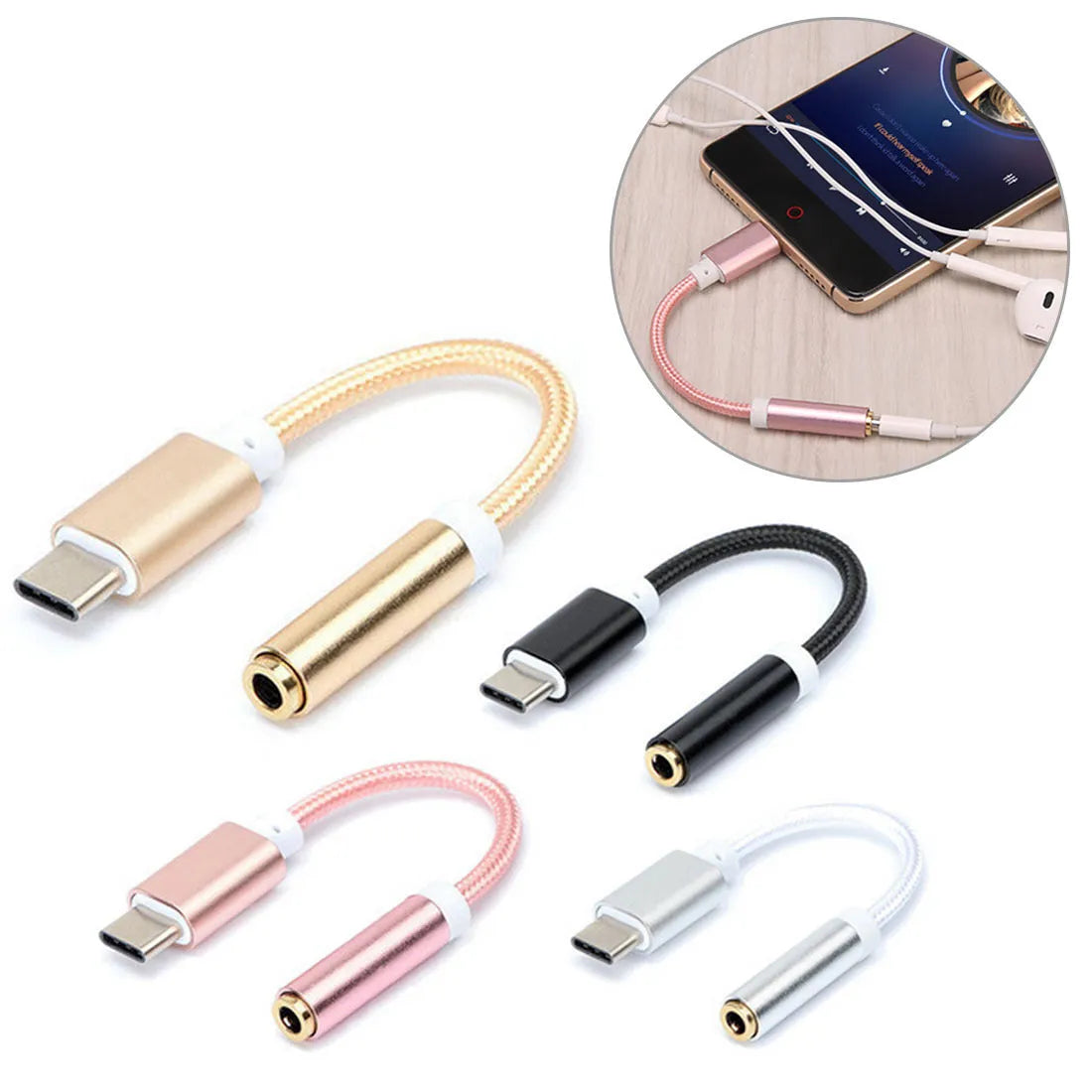 Weaving Type-C to 3.5mm audio adapter cable in black with nylon braiding and metallic connectors