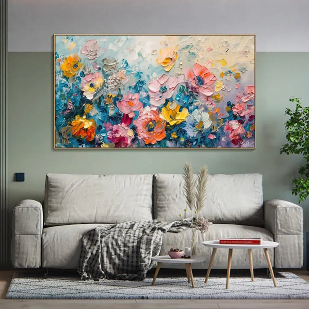 Handmade handpainted rose oil painting on canvas, large horizontal flower wall art without frame