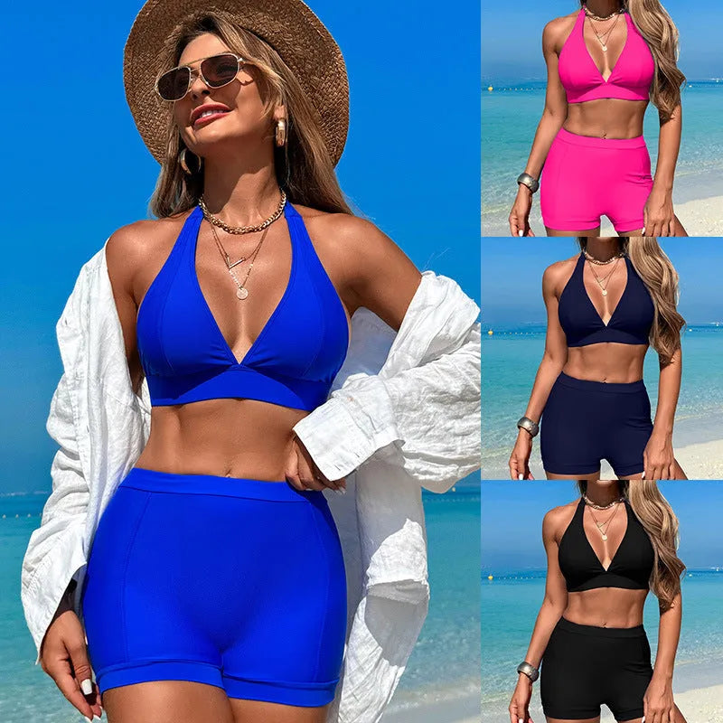 Split women's swimsuit bikini in black, pink, purplish blue, or sapphire blue with sleeveless design for swimming and wading