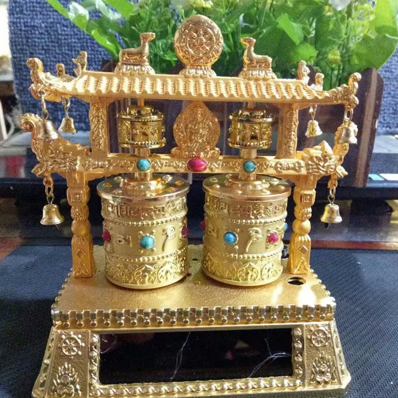 Traditional Chinese alloy prayer wheel car accessory with rotating mechanism, dimensions 12x15x8cm
