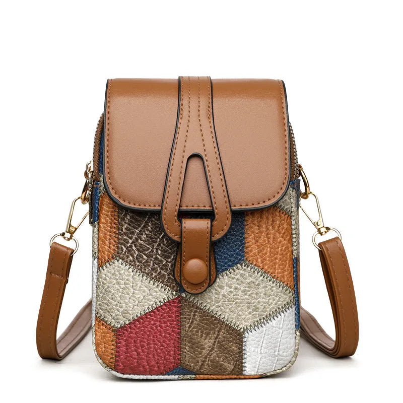 Vertical PU crossbody pouch in irregular blue brown with sandwich pocket and single shoulder strap