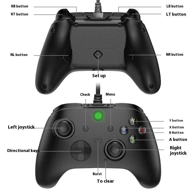 Six-in-one wired game controller for PC and PS in black or white with USB interface and macro programming