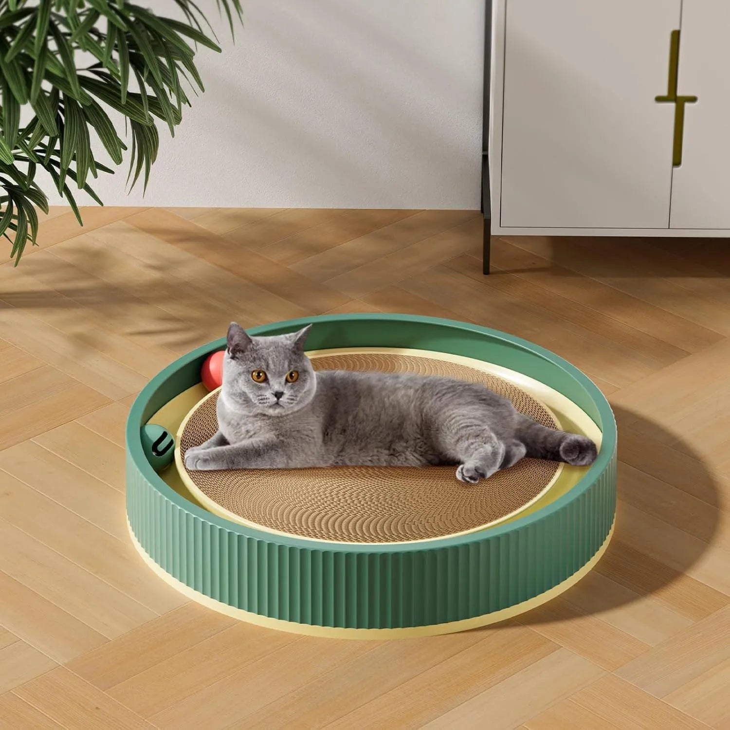 Green and white cat scratching board with 45cm diameter, showing corrugated cardboard surface and three ball toys