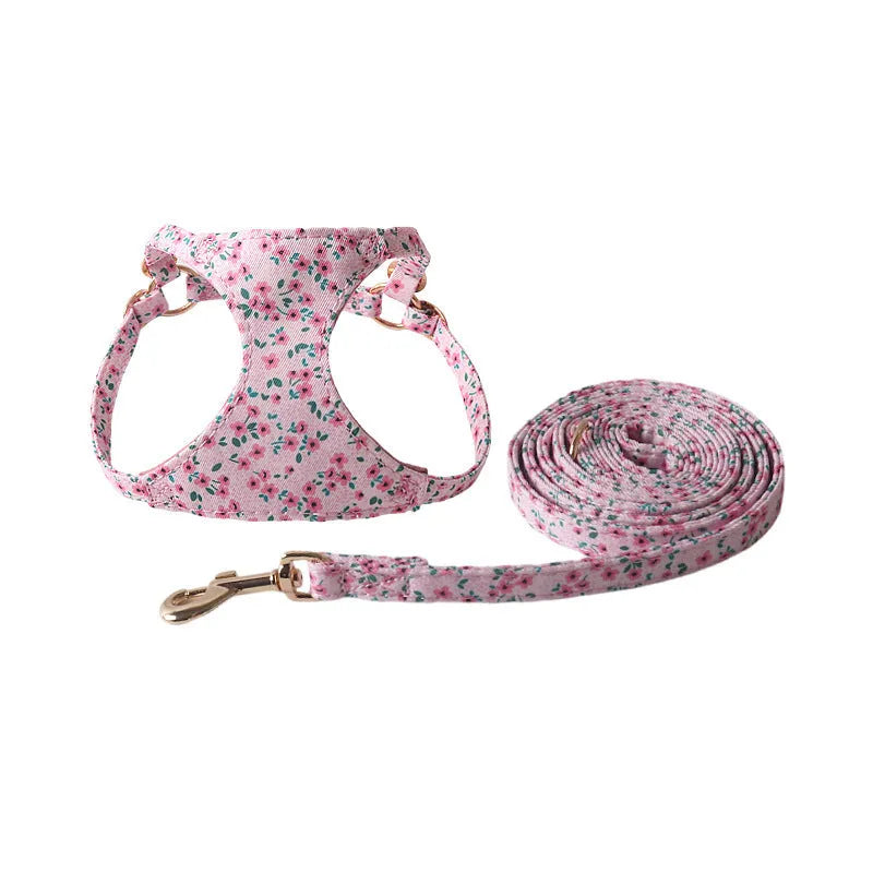 Floral pattern cloth dog harness and leash set shown in small size on a model.