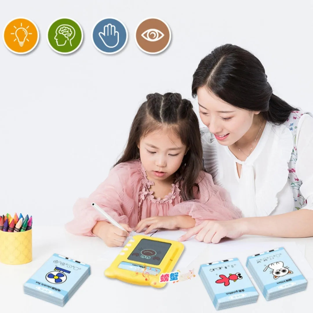 Yellow ABS early learning machine with educational cards for bilingual language teaching